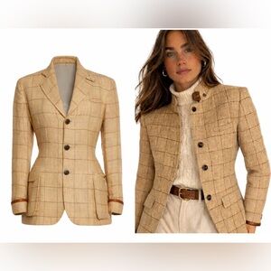 Vintage Ralph Lauren Collection Blazer Linen Jacket Leather Trim Equestrian 90s